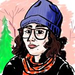 Illustration of Annie Mok, with loose lines and bright colours. Annie has light skin, glasses, and wavy chin-length brown hair. Annie wears a touque that says "Annie Mok '22", a scarf, and there is an evergreen tree in the background.