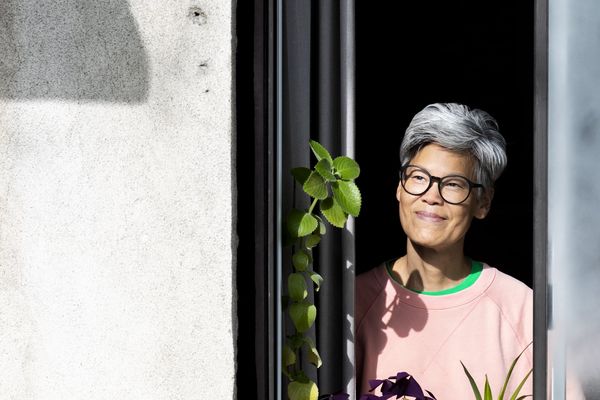 kimura byol lemoine looks out a window with a slight smile. Ze is an East Asian person with round glasses, short grey hair and is wearing a salmon crew-neck sweatshirt. The exterior of the building is stucko and leaves from 3 houseplants are visible.