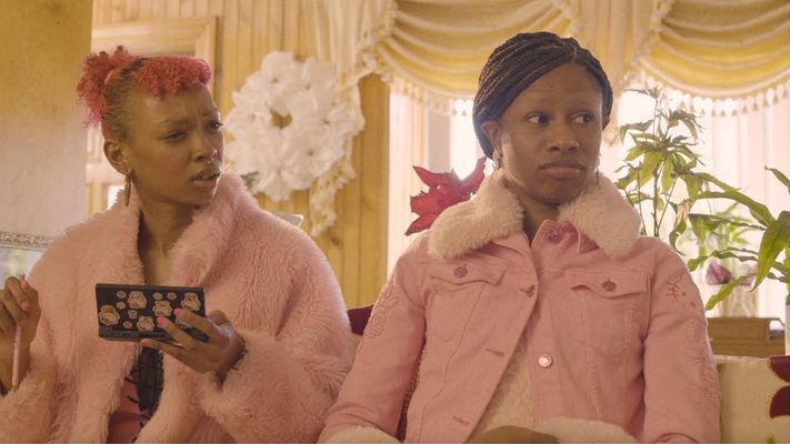 Two people sitting on a couch looking off to the right. They both have brown skin. The one on the left has pink hair with bangs and pulled back into a bun. They also have a pink furry coat on and a pink top on underneath. They are holding a black DSI gaming system covered in stickers in one hand and pink pencil in their other hand. The one on the right has brown box braids pulled into a low ponytail. They are wearing a pink denim jacket with a fur collar and fur cuffs. They have a nose piercing and a pink fur t shirt underneath and money sign earrings. Both people are looking at something off-camera to the right. The person on the left is bewildered by it, while the person on the right appears to be reacting with bemused acceptance.