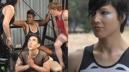 Two images next to each other. The image on the left features four people stretching. The person on the bottom with light skin has their hands in the prayer symbol squatting. The person on the left can only be seen from the back. They have light skin and wear a leather tank top. The person in the middle is wearing a black leotard and has dark brown skin. The person on the right is sitting in a red leotard with light skin. The image on the right is a closeup on a person's face in front of some trees. The person has light skin, short dark hair, and is wearing a dark tank top with a white pattern printed on it. They wear a lip ring and earrings, and there is a white feather pattern painted under their left eye. They are gazing off camera with an ambiguous expression.