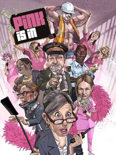 A drawing of panoply of people arranged on a poster that reads "Pink is In" in pink-and-white letters at the top. Most notable are a white woman with librarian glasses and a fly swatter looking surprised, and a older white man in a military hat and uniform with a cigar in his hand. In the background are the shadows of prison bars and money flying in the air.