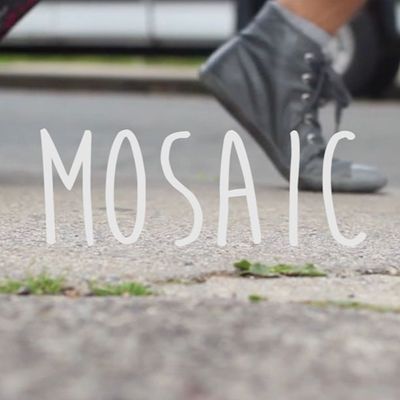 Square image of Mosaic title, written in white, located in front of a grey shoe stepping on a sidewalk.