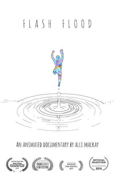 A minimalist drawing of a multi-coloured person jumping. Below them is a ripple in water spreading out.