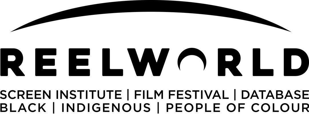 Black logo on a transparent background. In the centre is "REELWORLD" with a crescent moon shape in place of the O. A bracket shape arcs above, and smaller text below reads "SCREEN INSTITUTE | FILM FESTIVAL | DATABASE" and "BLACK | INDIGENOUS | PEOPLE OF COLOUR"