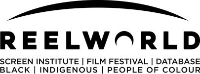 Black logo on a transparent background. In the centre is "REELWORLD" with a crescent moon shape in place of the O. A bracket shape arcs above, and smaller text below reads "SCREEN INSTITUTE | FILM FESTIVAL | DATABASE" and "BLACK | INDIGENOUS | PEOPLE OF COLOUR"