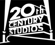 Cartoon representation of a giant sign reading "20th CENTURY STUDIOS" with spotlights shining up to the sky on either side.
