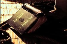 An open book lies face down on the floor with the sunlight casting a shadow on it. The book is leather-bound, with words written in gold on the front. The words read "Las fergas de Esplandian ''. A rope sits on the floor and slightly under the book. The floor is made wooden slats.