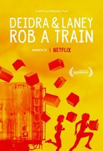 Stylized silhoutte drawing in which outlines are in red and the background is yellow. The silhoutte shows Laney and Deidra running away from a train car with shipping boxes falling around them.