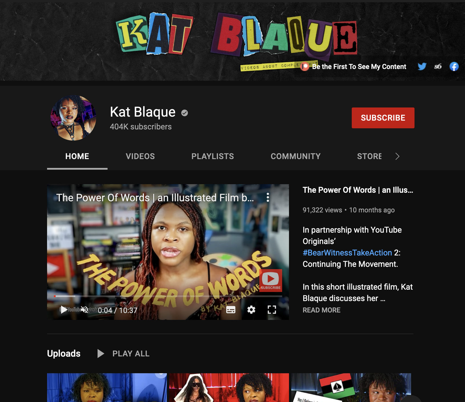 A screenshot of Kat Blaque's YouTube channel.