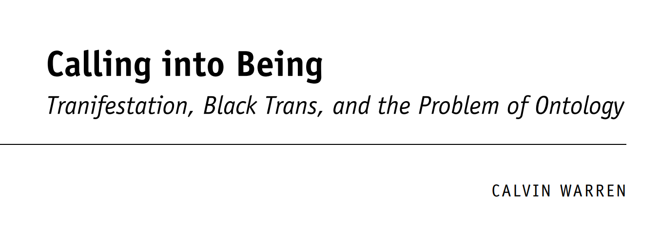 A screenshot of the title page for Calvin Warren's "Calling into Being" article in Transgender Studies Quarterly.