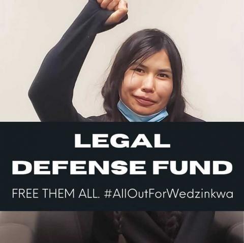 A person with dark hair and a black sweater raises their fist in the air. The text over top of the image reads: "Legal defense fund: FREE THEM ALL #AllOutForWedzinkwa."