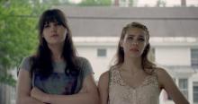 Still image from film "Boy Meets Girl" (Two white girls stand outside)