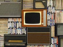 Old TV, VHS tapes, cassette tapes, records