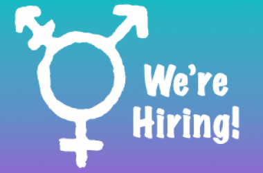 A transgender symbol and the text "We're hiring!" on a blue-to-purple gradient background.